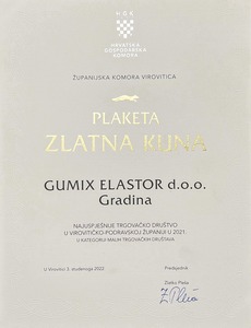Plaketa ZLATNA KUNA za najuspješnije trgovačko društvo u Virovitičko-podravskoj županiji u 2021. godini u kategoriji malih trgovačkih društava.
